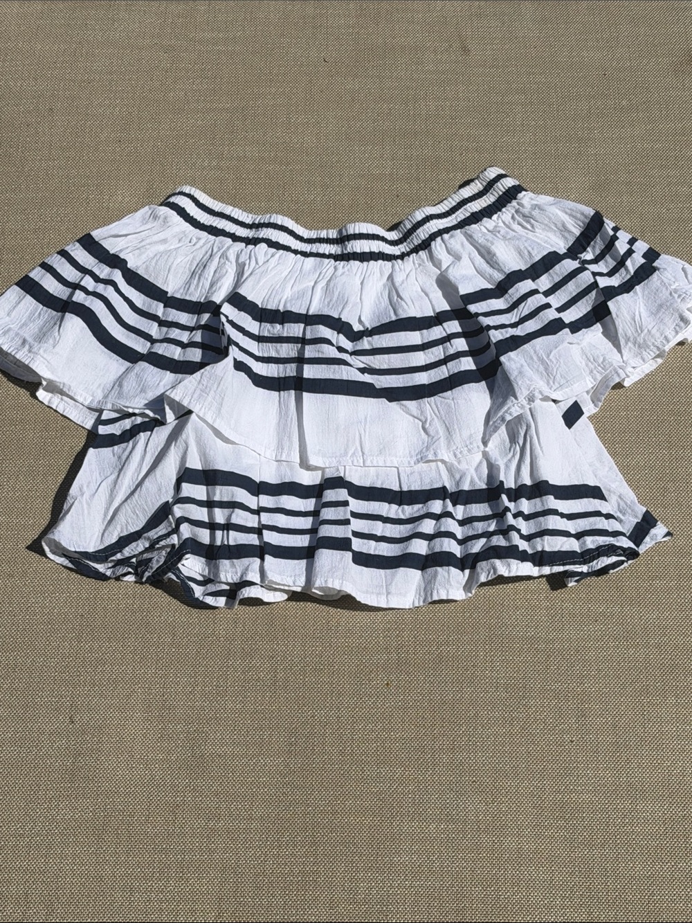 Faithful the Brand White and Navy Striped Off-Shoulder Ruffle Top